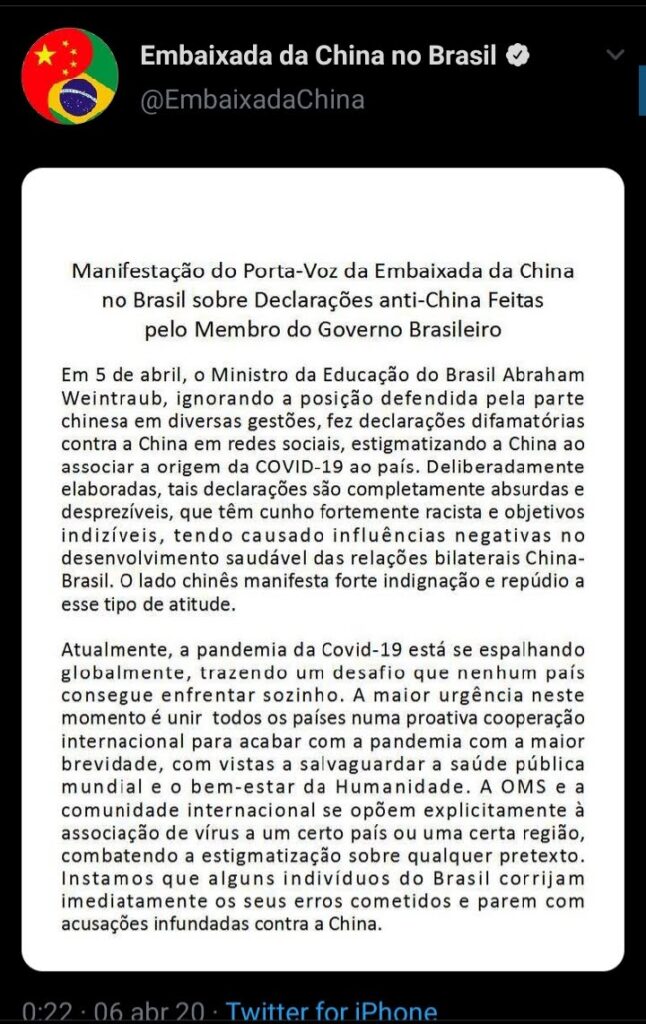 Nota embaixada chinesa sobre fala de Weintraub