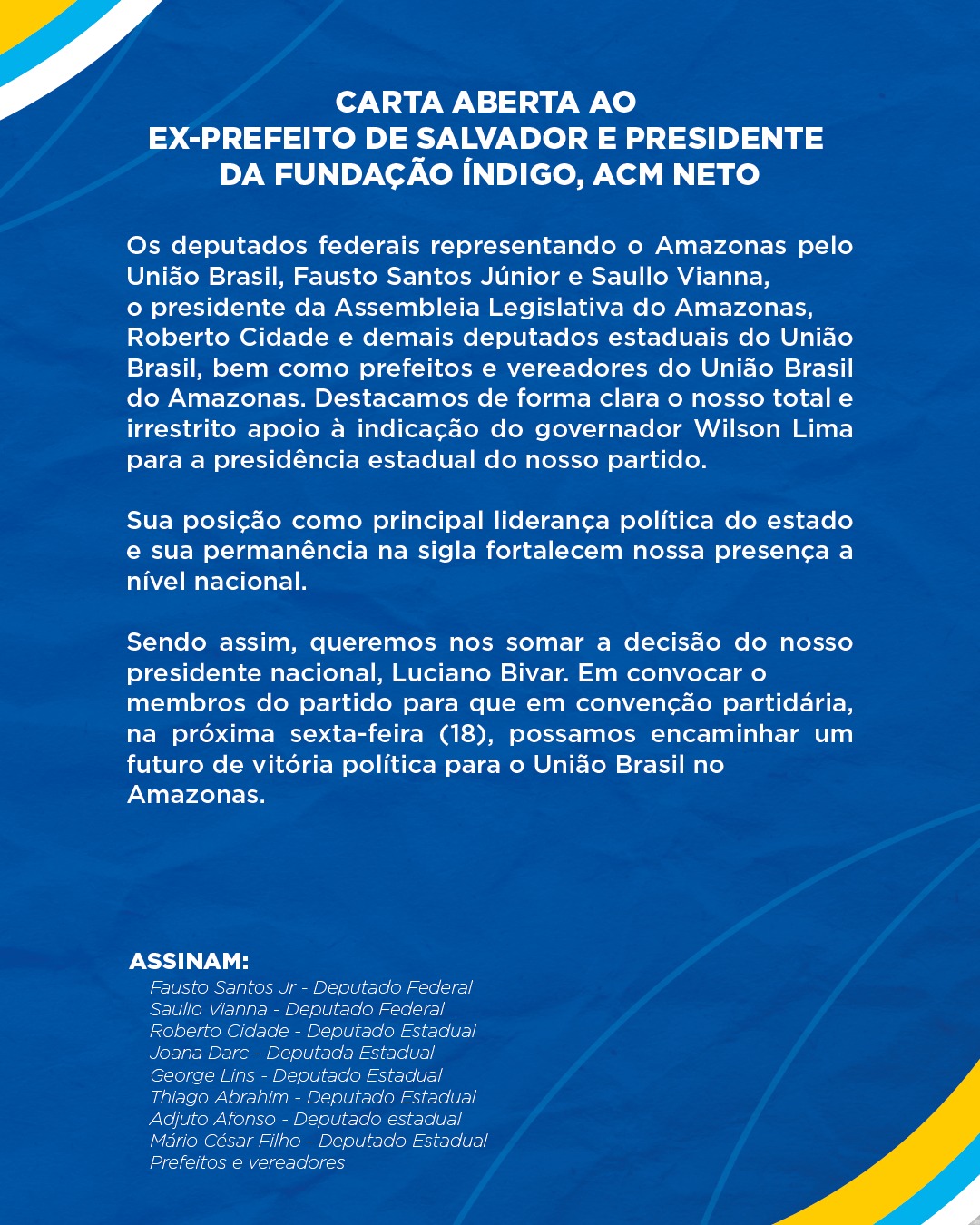 Wilson Lima tem apoio irrestrito para presidente do União Brasil no Amazonas